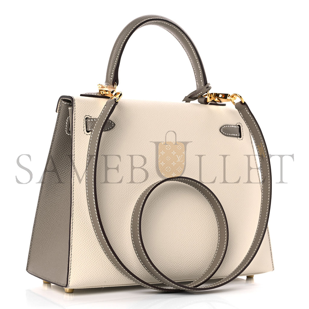 HERMÈS EPSOM KELLY 25 MILKSHAKE WHITE WITH ELEPHANT GRAY (25*17*7cm) 